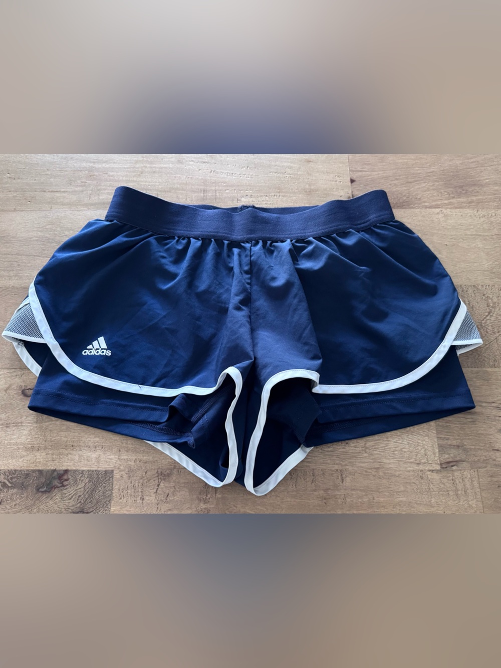 Adidas Navy Blue Athletic running Shorts with White Trim biker buid in sz L